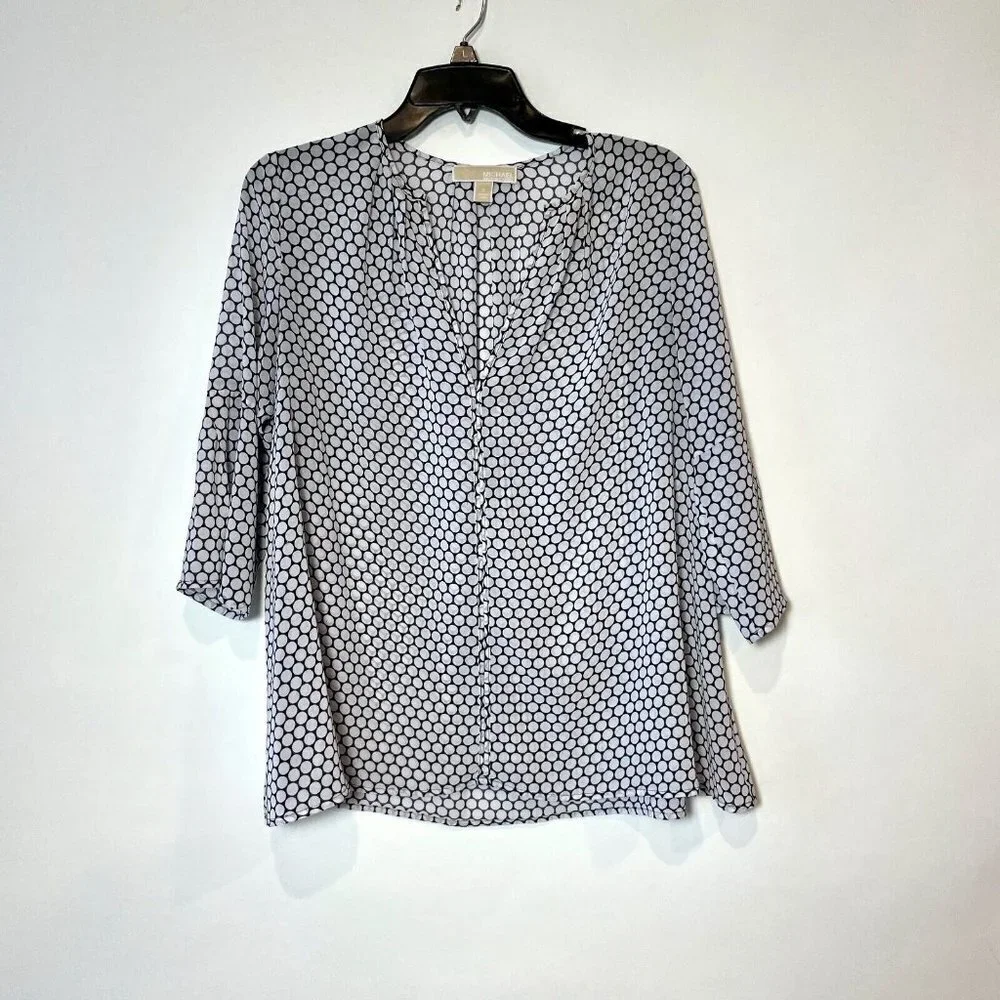Michael Kors Popover Blouse‎ Top Womens Small Black Polka Dots 3/4 Sleeve V-neck